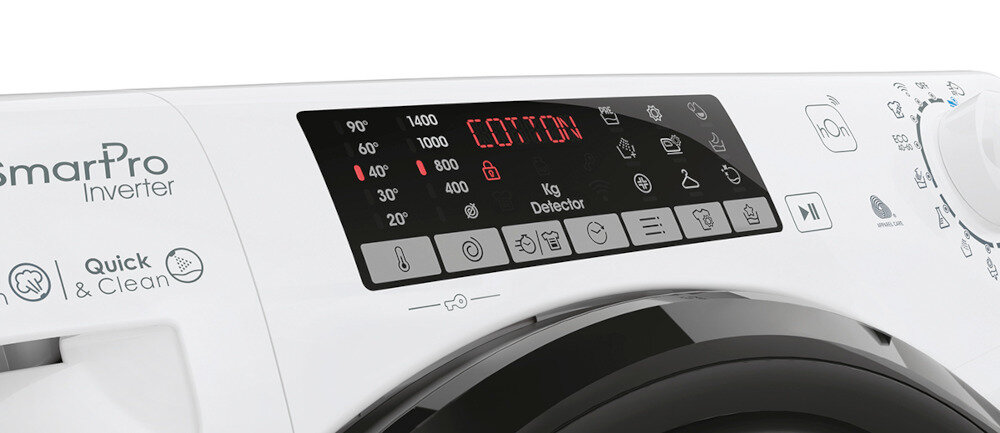 Panel sterowania pralko-suszarki z wyświetlaczem pokazującym tekst \'COTTON\'. Widoczne są różne ikony programów prania oraz przyciski dotykowe, a także logo \'SmartPro Inverter\'.