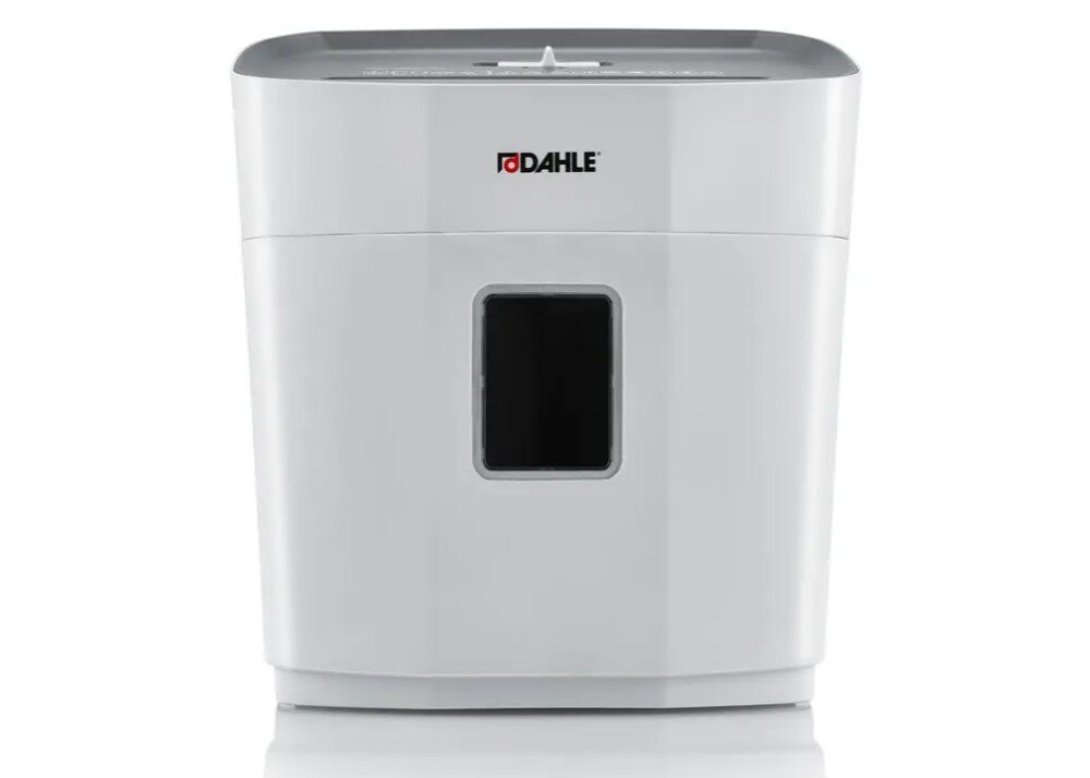 Niszczarka DAHLE PaperSAFE Biurowa niszczarka do dokumentów widziana od przodu z logo nad małym prostokątnym okienkiem podglądu w obudowie