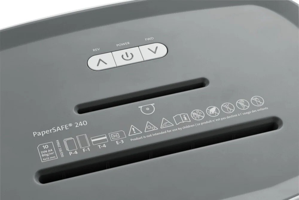 Niszczarka DAHLE PaperSAFE Panel sterowania niszczarki z trzema przyciskami 'REV', 'POWER', 'FWD', szczelinami na dokumenty oraz rzędem ikon informacyjnych i ostrzegawczych