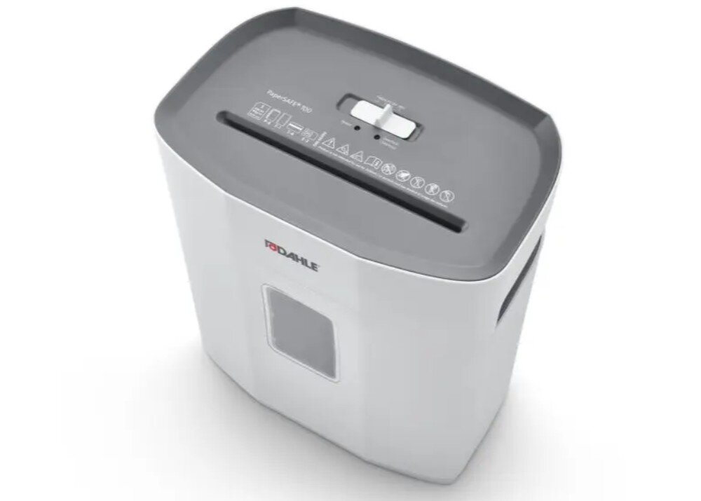 Niszczarka DAHLE PaperSAFE Widok z góry na panel sterowania niszczarki ukazujący podłużną szczelinę wejściową przełącznik suwakowy oraz ikony ostrzegawcze