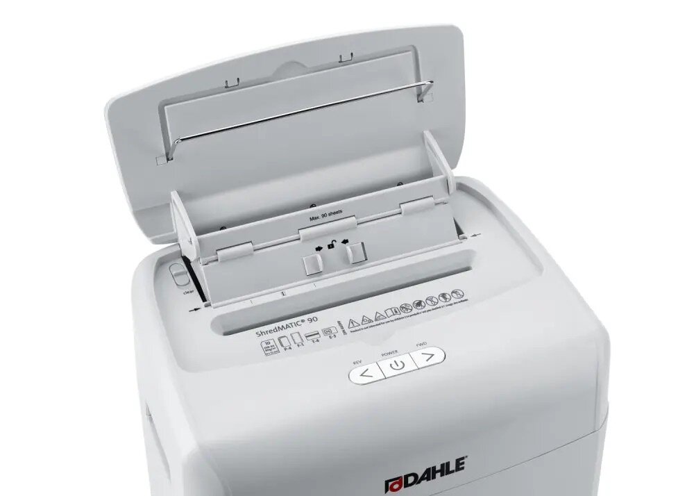 Niszczarka DAHLE ShredMATIC Niszczarka dokumentów z otwartą górną pokrywą automatycznego podajnika papieru, pokazująca wewnętrzny mechanizm
