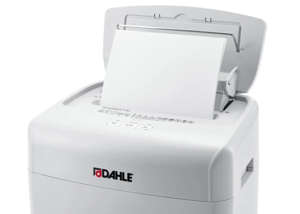 Niszczarka DAHLE ShredMATIC Niszczarka dokumentów z wysuniętym koszem pełnym drobno pociętych ścinek papieru, widocznymi przez przezroczyste okienko
