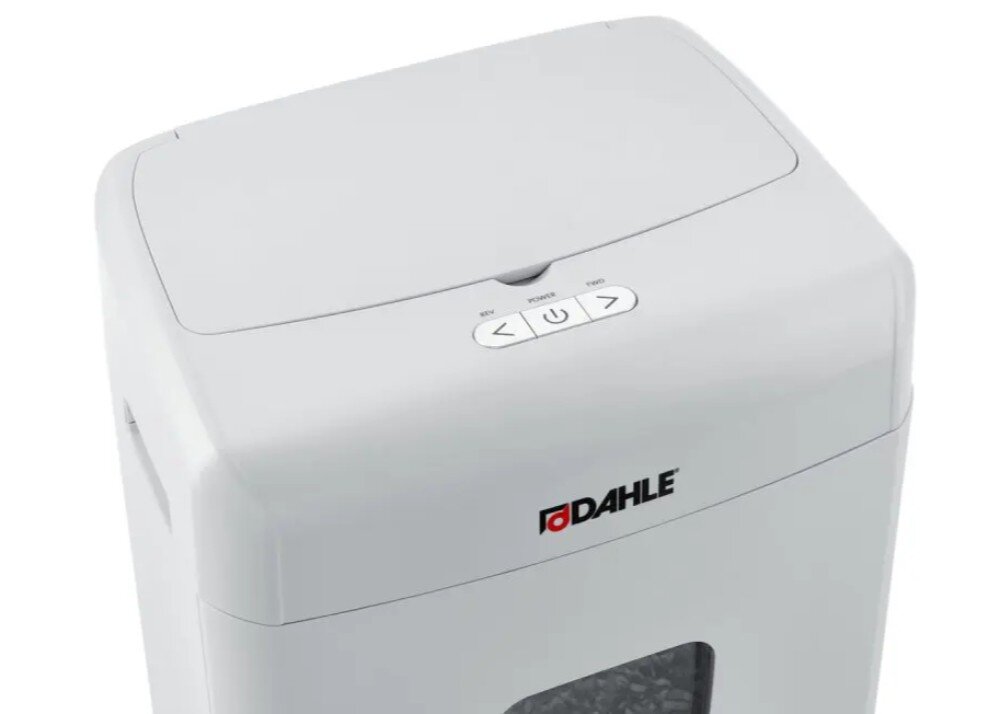 Niszczarka DAHLE ShredMATIC Bliski kadr na boczny panel sterowania niszczarki z trzema podłużnymi przyciskami, diodami kontrolnymi i ikonami informacyjnymi