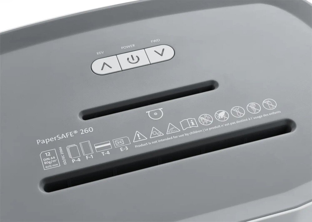 Niszczarka DAHLE PaperSAFE Panel sterowania niszczarki z trzema przyciskami 'REV', 'POWER', 'FWD', szczelinami na dokumenty oraz rzędem ikon informacyjnych i ostrzegawczych
