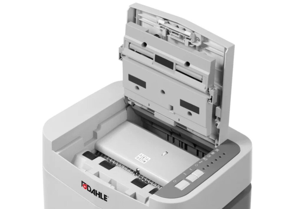 Niszczarka DAHLE ShredMATIC Niszczarka dokumentów z otwartą górną pokrywą automatycznego podajnika papieru, pokazująca wewnętrzny mechanizm