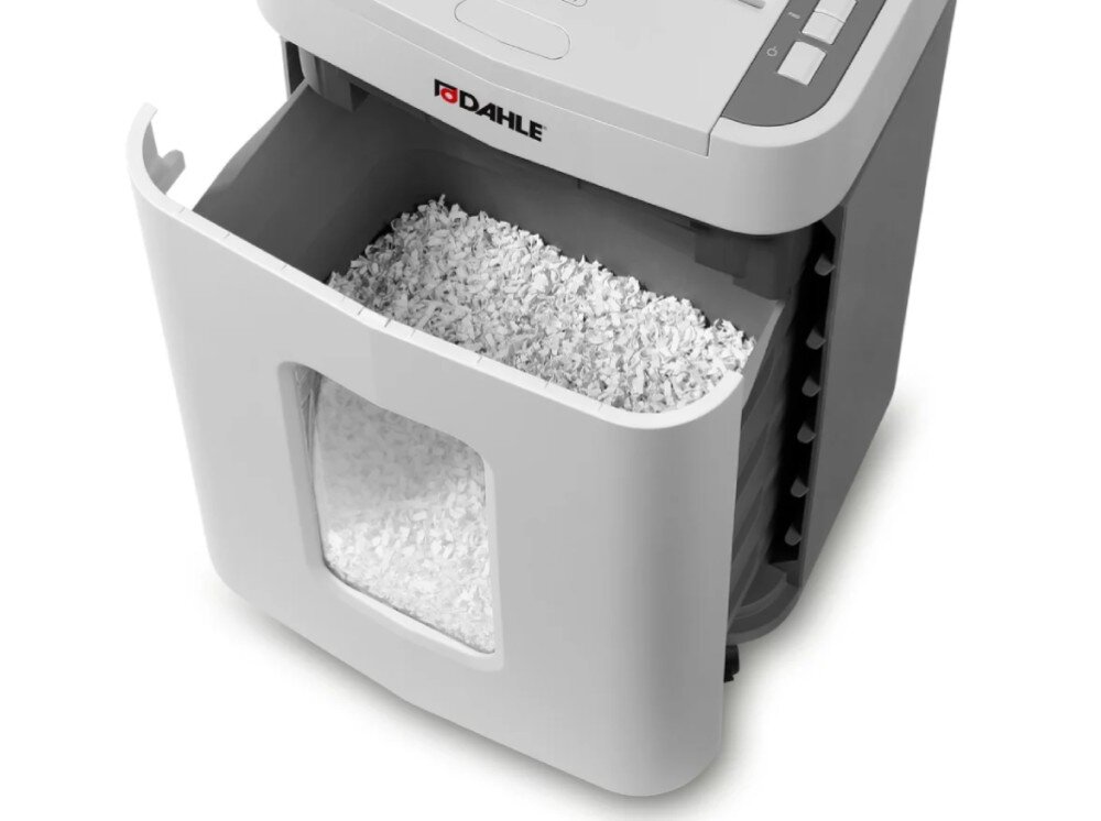 Niszczarka DAHLE ShredMATIC Niszczarka dokumentów z wysuniętym koszem pełnym drobno pociętych ścinek papieru, widocznymi przez przezroczyste okienko