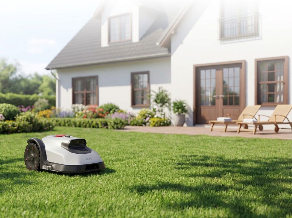 Robot koszący EUFY Mower C15 Sterowanie Wi-Fi Bez przewodu ograniczającego 500m2, robot, koszenie, ogród, kosiarka, Robot koszący pracujący na trawniku przed domem.   