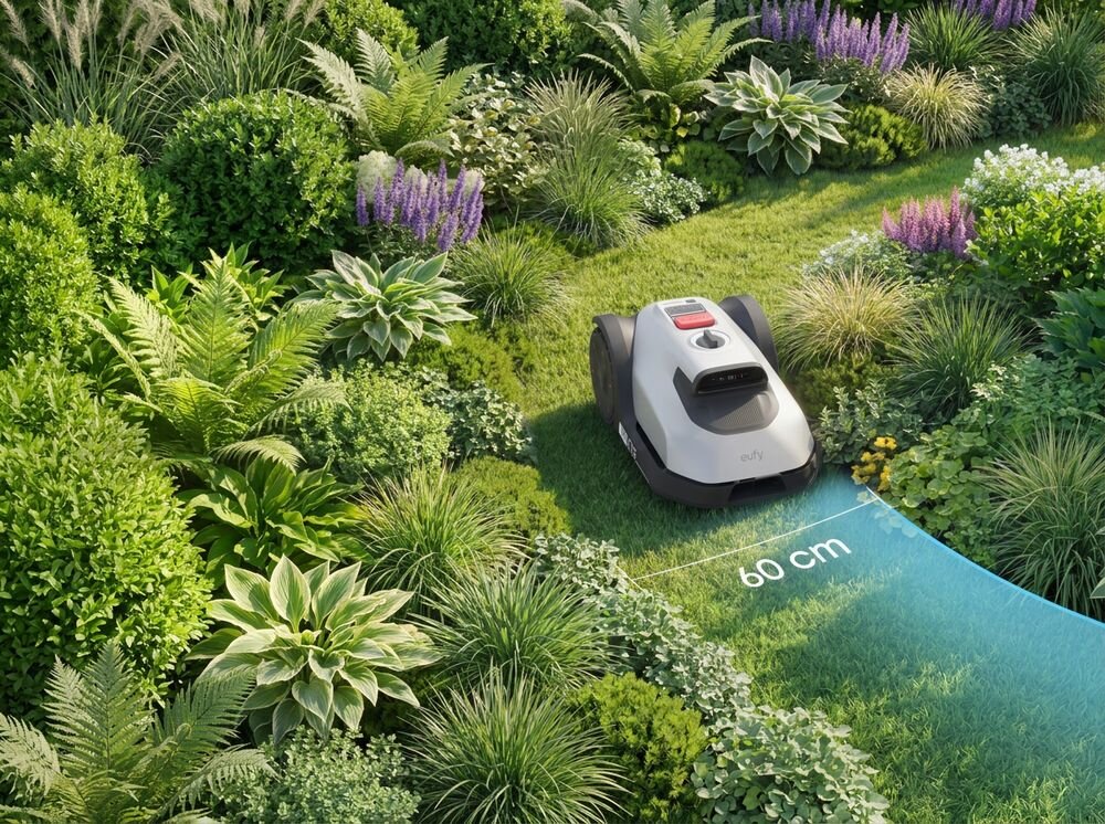 Robot koszący EUFY Mower C15 Sterowanie Wi-Fi Bez przewodu ograniczającego 500m2, robot, ogród, cicha kosiarka, odpoczynek, Robot koszący na trawniku pośród gęstych roślin.