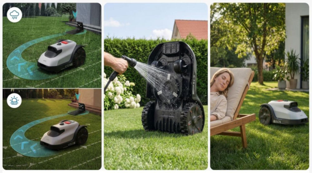 Robot koszący EUFY Mower C15 Sterowanie Wi-Fi Bez przewodu ograniczającego 500m2, wodoodporność, czyszczenie, wąż, woda, Czyszczenie spodu robota koszącego wężykiem ogrodowym.   