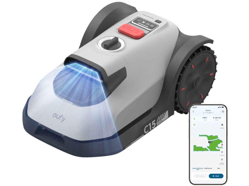 Robot koszący EUFY Mower C15 Sterowanie Wi-Fi Bez przewodu ograniczającego 500m2, aplikacja, smartfon, sterowanie, wifi, Szary robot koszący i smartfon z aplikacją mobilną.