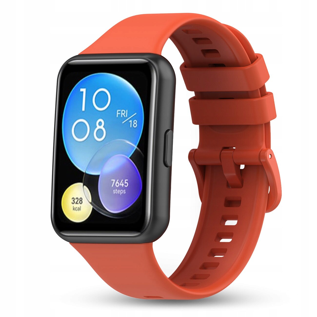 Smartwatch z pomarańczowym silikonowym paskiem, wyświetlający na ekranie cyfry \'10 08\', datę \'FRI 18\', liczbę kroków \'7645 steps\' oraz kalorie \'328 kcal\'.