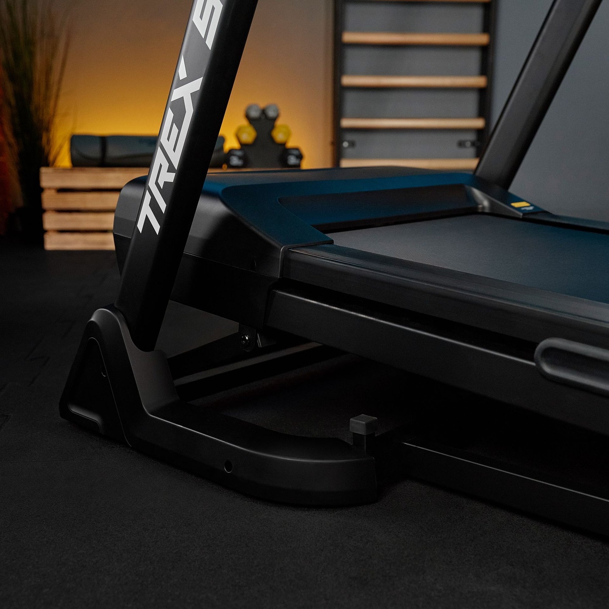 Na obrazie widoczna jest część bieżni elektrycznej z napisem \'TREX SPORT\'. W tle znajdują się hantle i drewniana skrzynia.