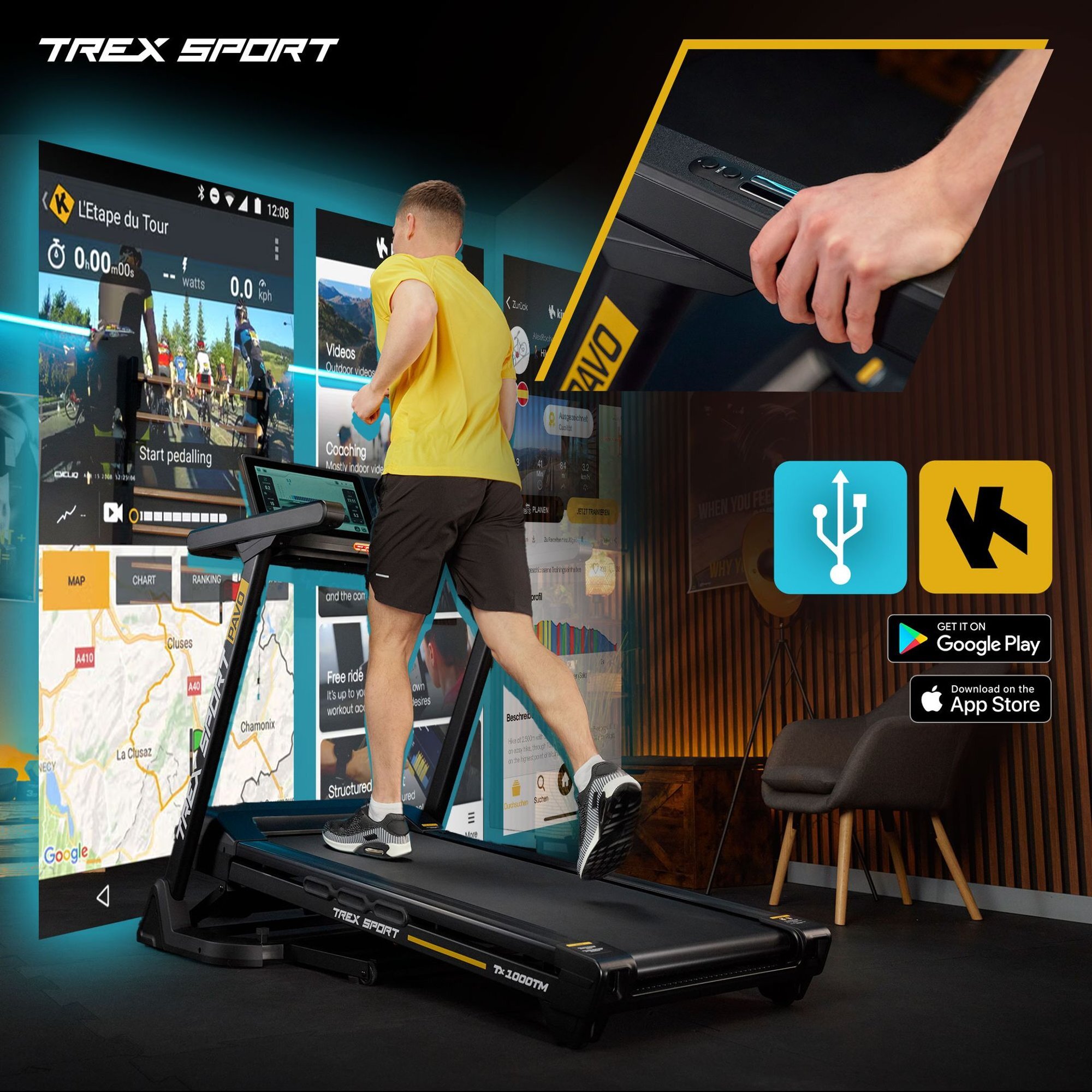 Osoba biegnie na bieżni elektrycznej TREX SPORT TX-1000TM, przed dużym ekranem wyświetlającym różne aplikacje i mapy. W prawym dolnym rogu widoczne są ikony USB, aplikacji oraz przyciski do pobrania z Google Play i App Store.