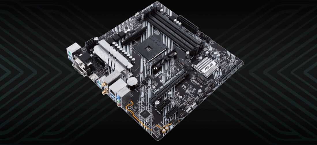 Na obrazie widoczna jest płyta główna z różnymi złączami i komponentami elektronicznymi. Na płycie znajduje się logo ASUS.