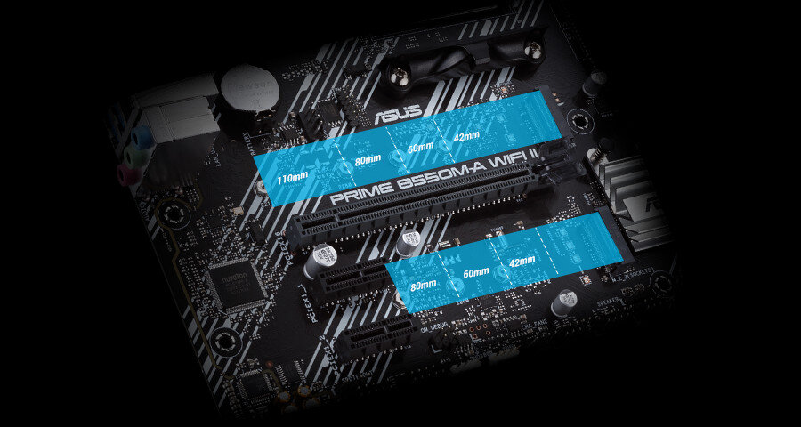 Obraz przedstawia płytę główną z widocznymi oznaczeniami ASUS i PRIME B550M-A WIFI II. Na płycie znajdują się niebieskie oznaczenia z wymiarami 110mm, 80mm, 60mm i 42mm.