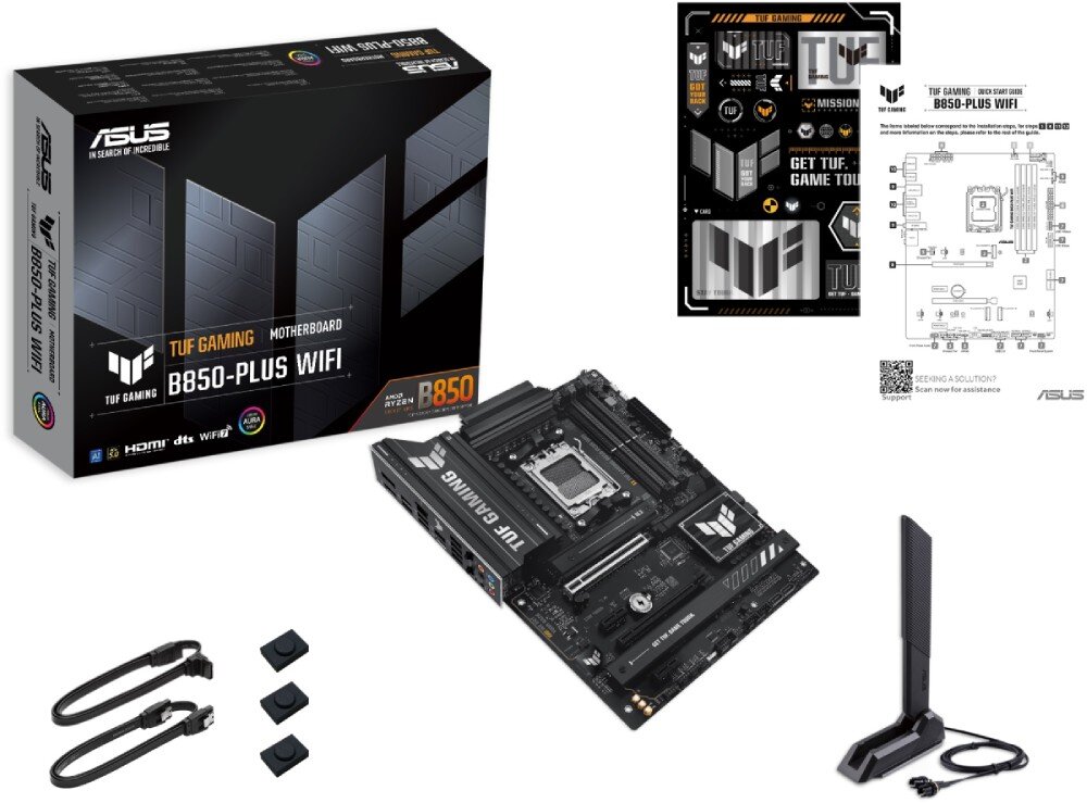 Na obrazie znajduje się płyta główna z napisem \'TUF GAMING\' oraz pudełko z oznaczeniem \'TUF Gaming B850-Plus WiFi\'. Widać również akcesoria, instrukcję oraz antenę.