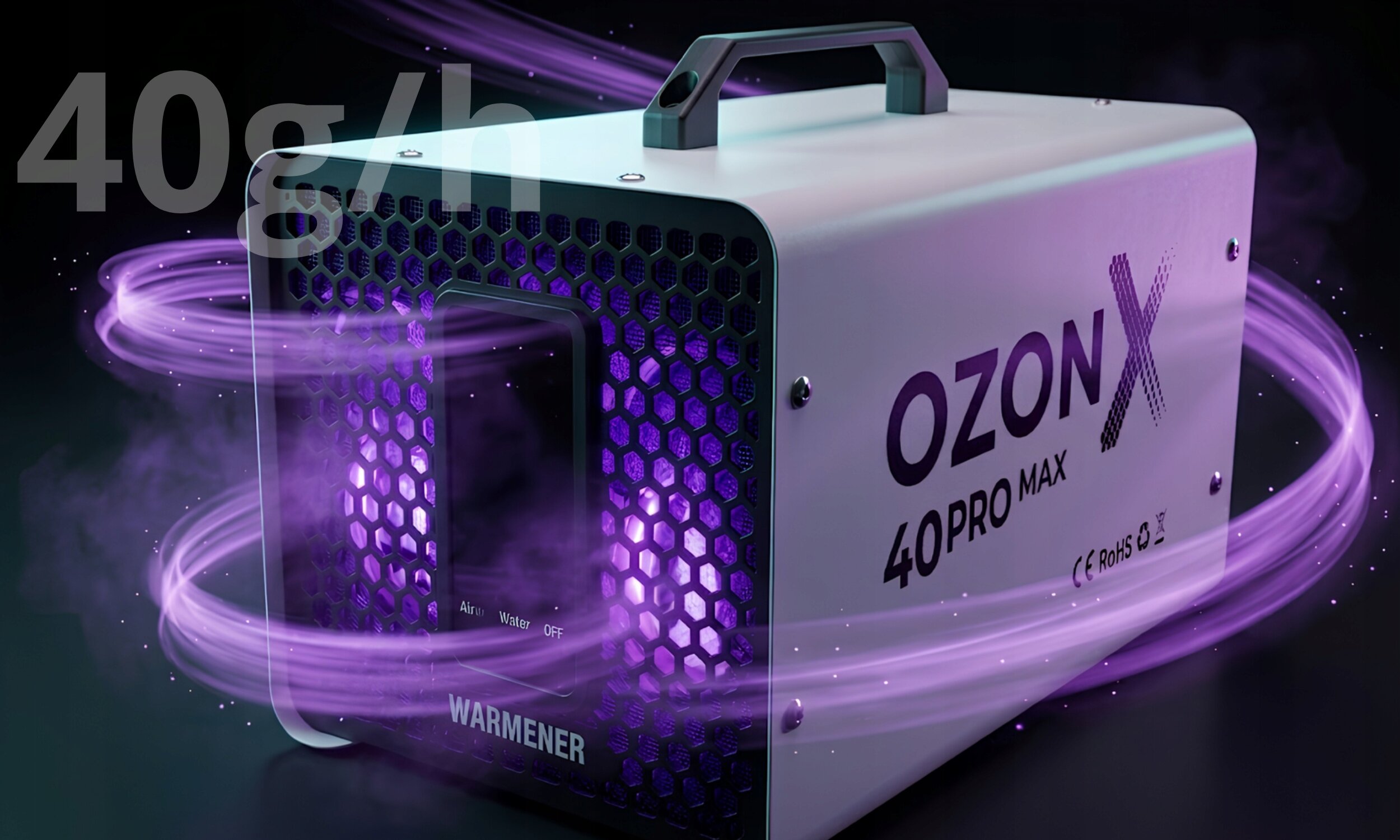 Na obrazie widoczny jest generator ozonu z napisem \'OZON X 40PRO MAX\' oraz logo \'WARMENER\'. Wokół urządzenia unoszą się fioletowe opary, a na obrazie widnieje tekst \'40g/h\'.