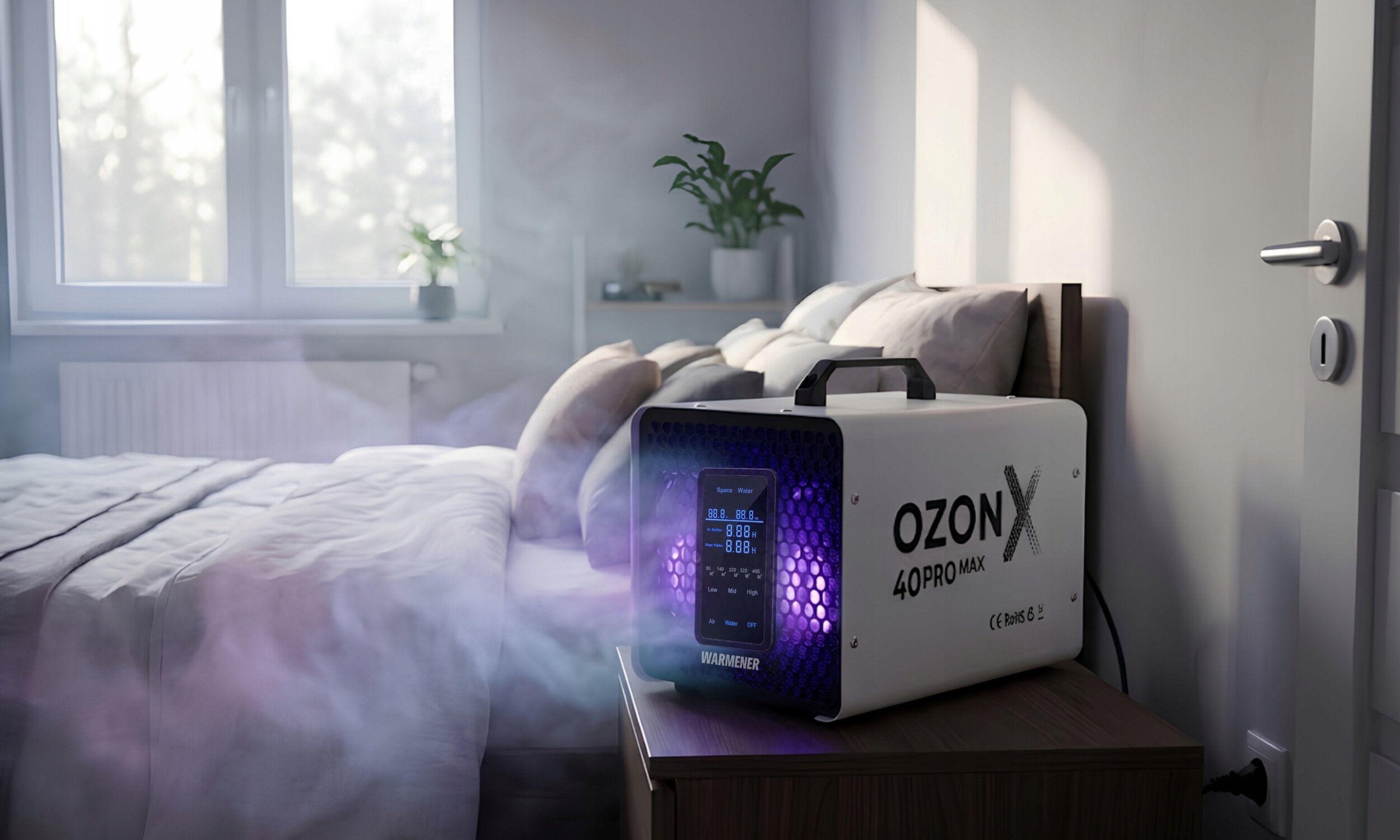 Na stoliku nocnym w sypialni stoi urządzenie z napisem \'OZON X 40PRO MAX\' oraz \'WARMENER\'. W tle widać łóżko i okno, a z urządzenia wydobywa się mgła.