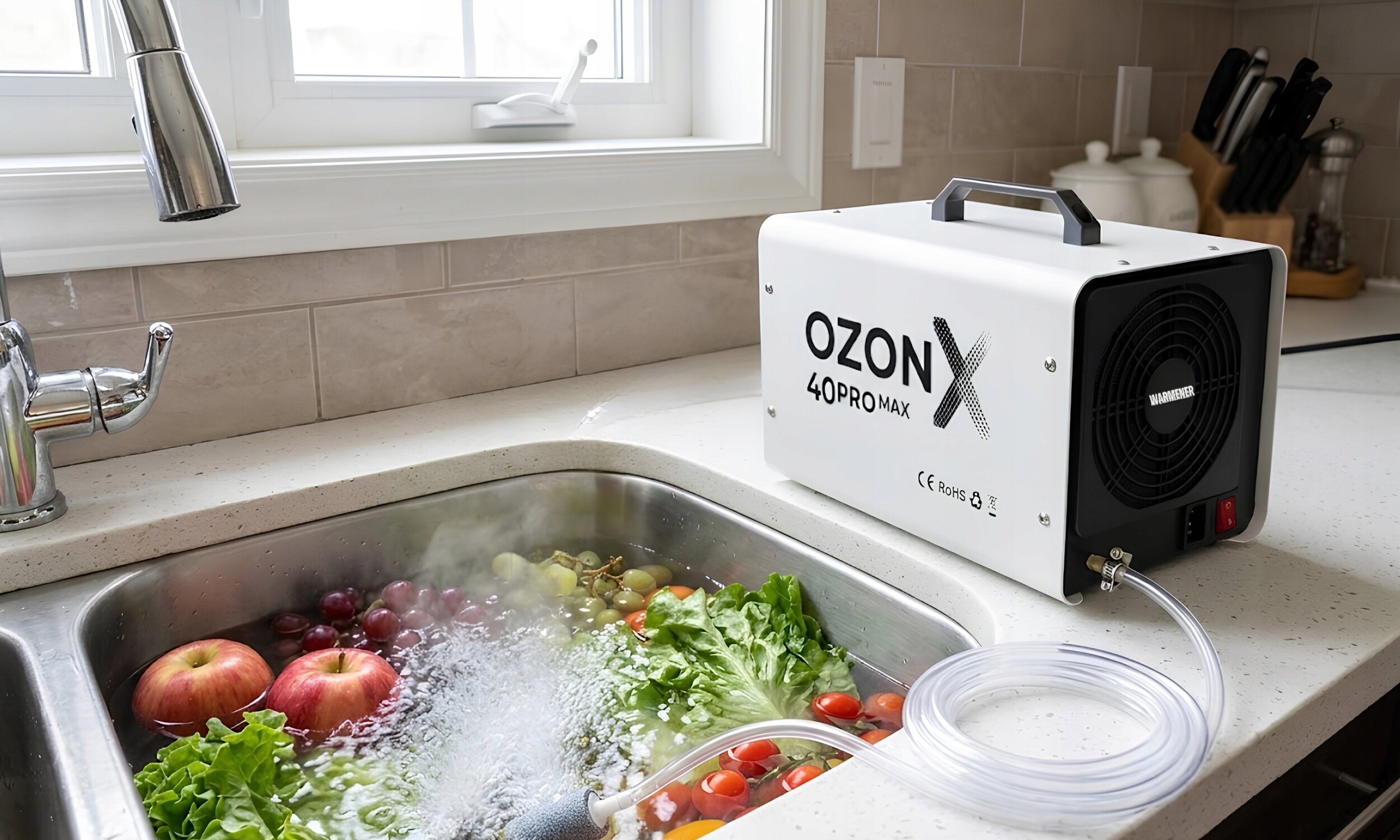 Na blacie kuchennym stoi urządzenie z napisem \'OZON X 40PRO MAX\', z którego wychodzi przezroczysty wąż zanurzony w zlewie pełnym owoców i warzyw. Woda w zlewie jest ozonowana, co widać po bąbelkach unoszących się na powierzchni.