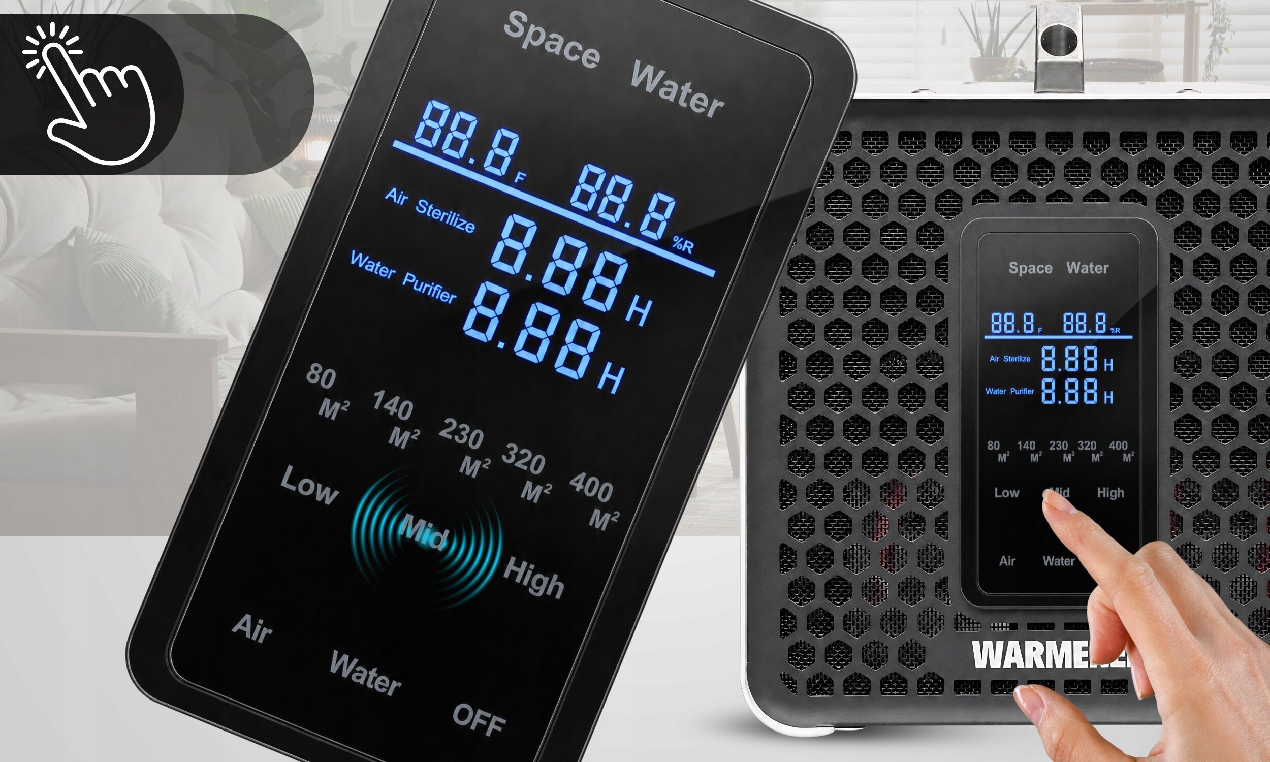 Na obrazie widoczny jest panel sterowania urządzenia z wyświetlaczem pokazującym wartości: \'88.8°F\', \'88.8%RH\', \'0.88H\' oraz \'0.88H\'. Obok znajduje się kratka wentylacyjna z logo \'WARMENER\' i ręką wskazującą na panel.