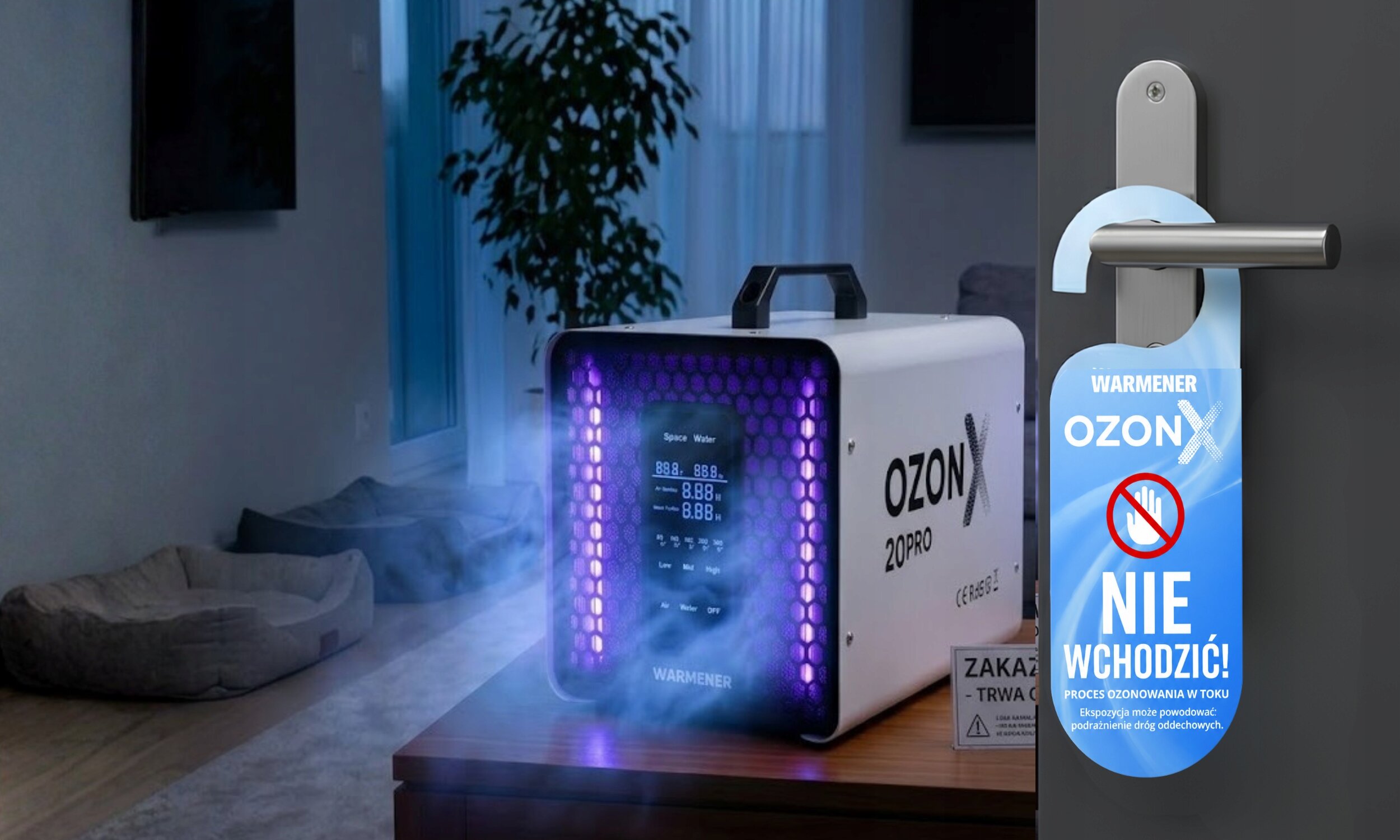 Na stole stoi urządzenie oznaczone jako \'OzonX 20Pro\' z wyświetlaczem i fioletowym podświetleniem, z którego wydobywa się para. Na klamce drzwi wisi niebieski zawieszka z napisem \'WARMENER OZONX NIE WCHODZIĆ! PROCES OZONOWANIA W TOKU\'.