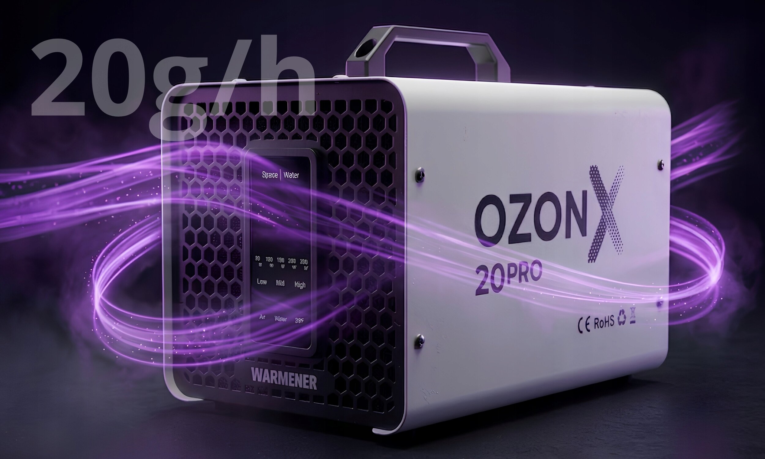 Na obrazie widoczny jest generator ozonu z napisem \'OZON X 20PRO\' oraz logo \'WARMENER\'. W tle unosi się fioletowy dym, a na urządzeniu widnieje napis \'20g/h\'.