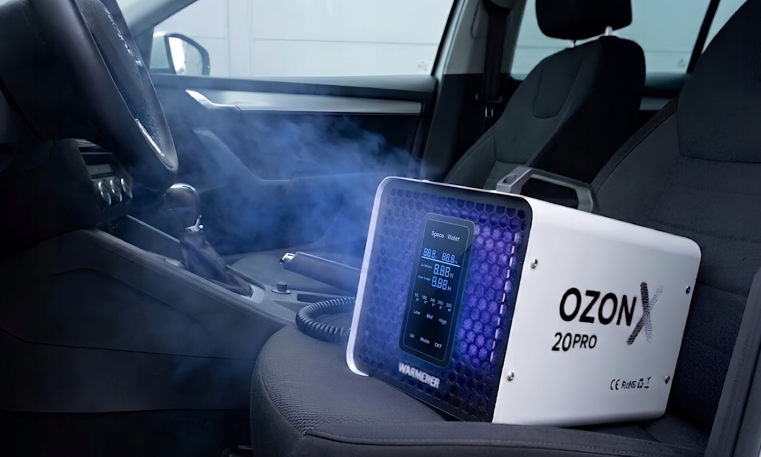 Na przednim siedzeniu samochodu znajduje się urządzenie z napisem \'OZON X 20PRO\' oraz logo \'WARMENER\'. Z urządzenia wydobywa się niebieska mgła, a na wyświetlaczu widoczne są cyfry i symbole.