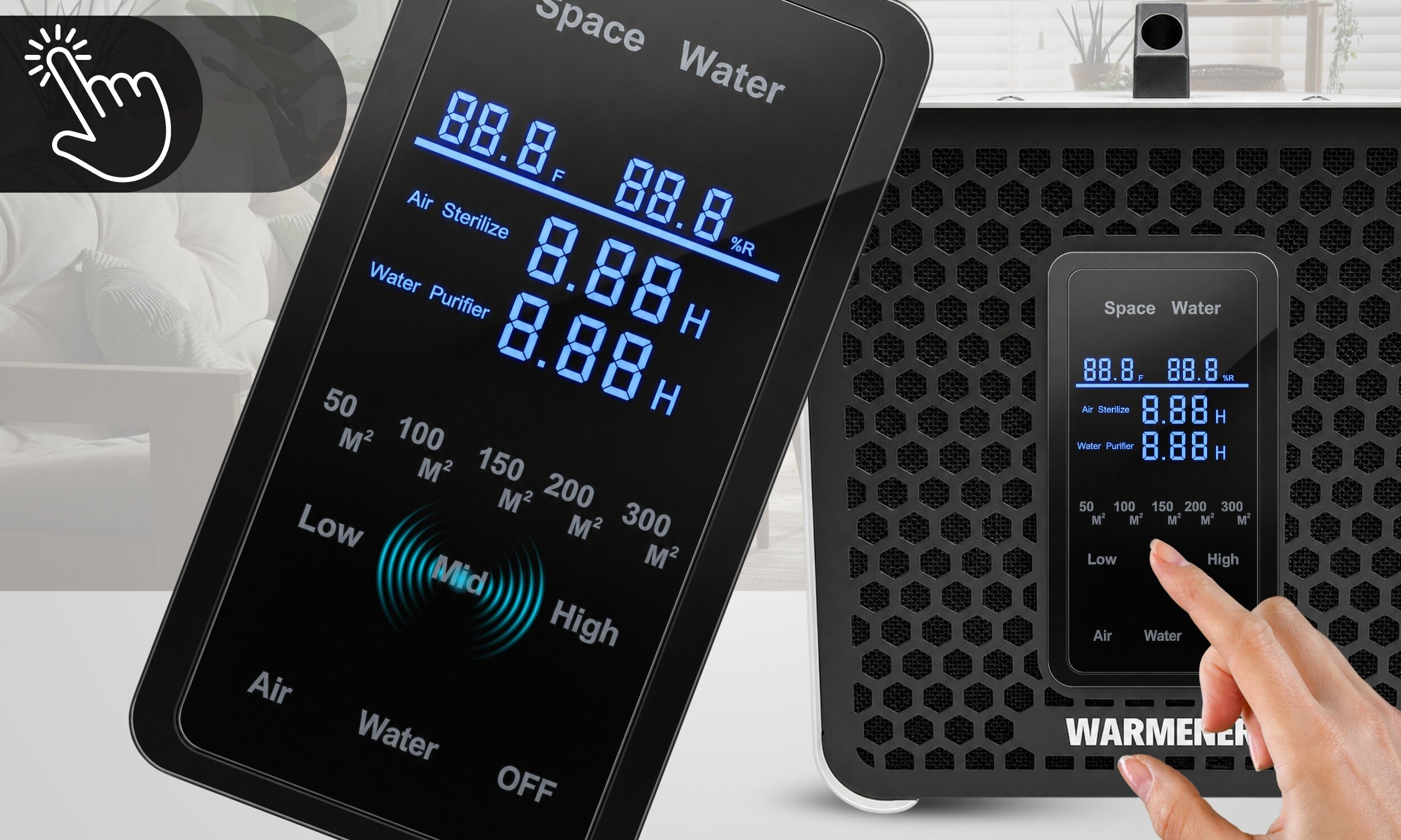Na obrazie widoczny jest panel sterowania urządzenia z wyświetlaczem pokazującym parametry takie jak \'Air Sterilize\' i \'Water Purifier\'. Obok znajduje się ręka wskazująca na panel, a na urządzeniu widnieje logo \'WARMENER\'.