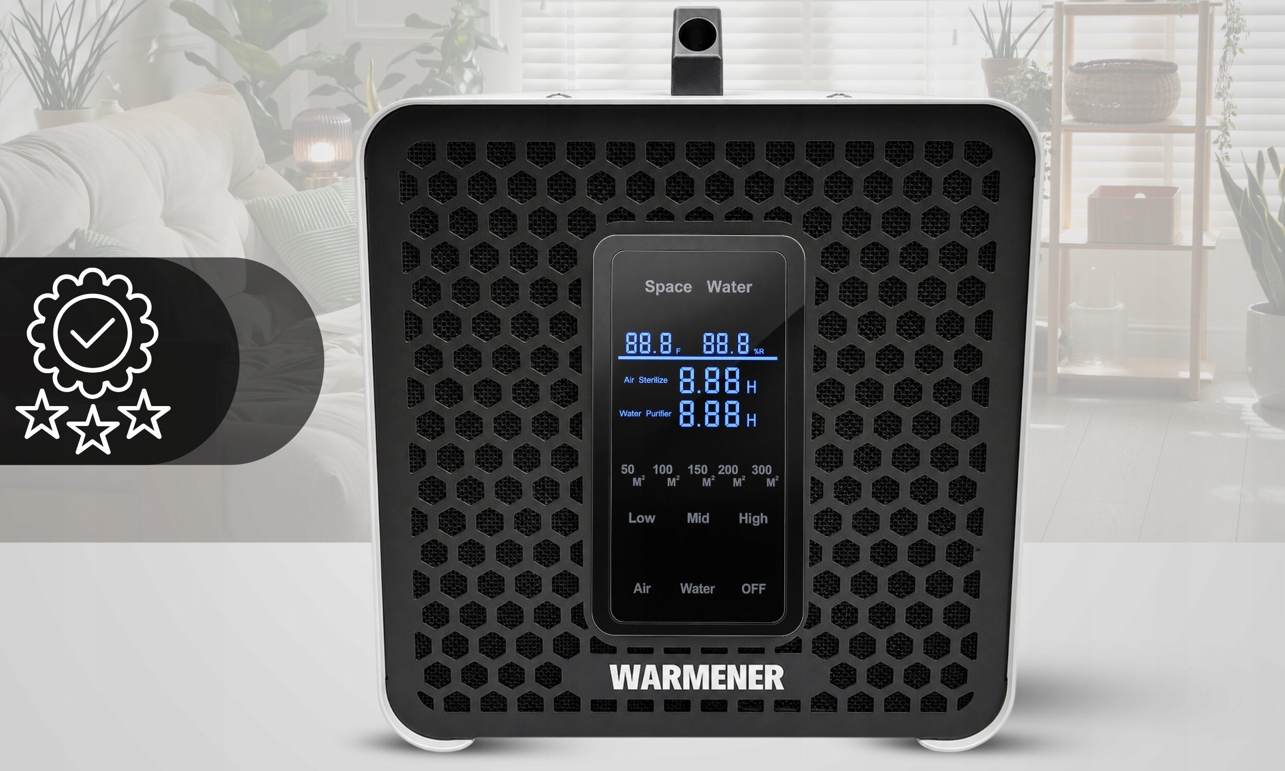 Na obrazie widoczny jest czarny generator ozonu z wyświetlaczem pokazującym wartości: 88.8, 88.8, 8.8G/h, 8.8G/h. Na dole urządzenia znajduje się logo \'WARMENER\'.