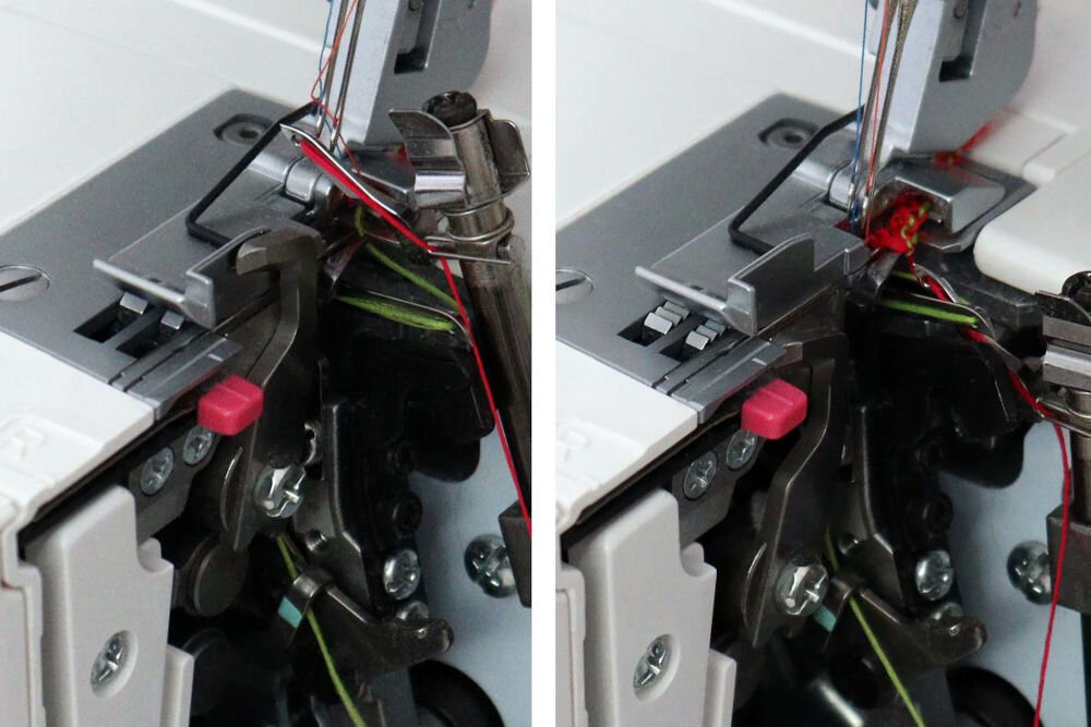Zbliżenie na mechanizm maszyny do szycia z widocznymi elementami metalowymi i kolorowymi nitkami. Na zdjęciu widać również różowy przycisk oraz śruby mocujące.