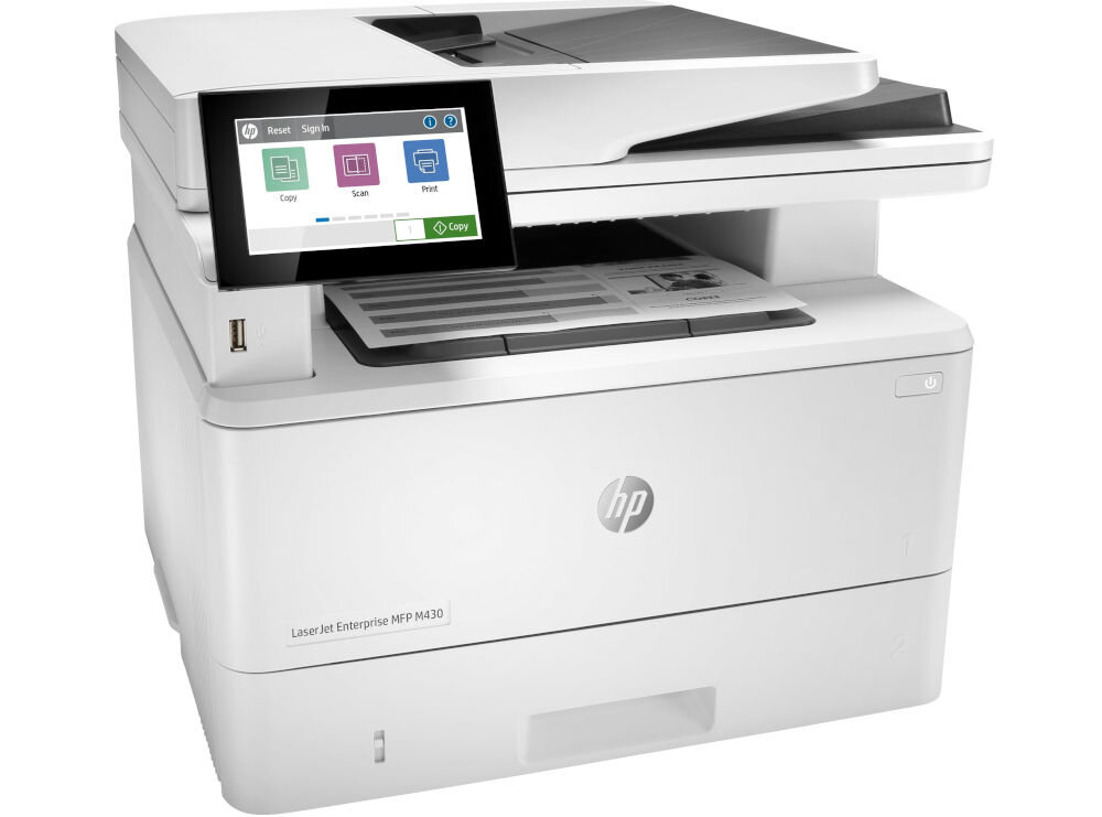 Urządzenie wielofunkcyjne HP LaserJet Enterprise MFP M430f z wyświetlaczem dotykowym pokazującym opcje: Copy, Scan, Print. Na obudowie widoczne jest logo HP oraz napis \'LaserJet Enterprise MFP M430\'.