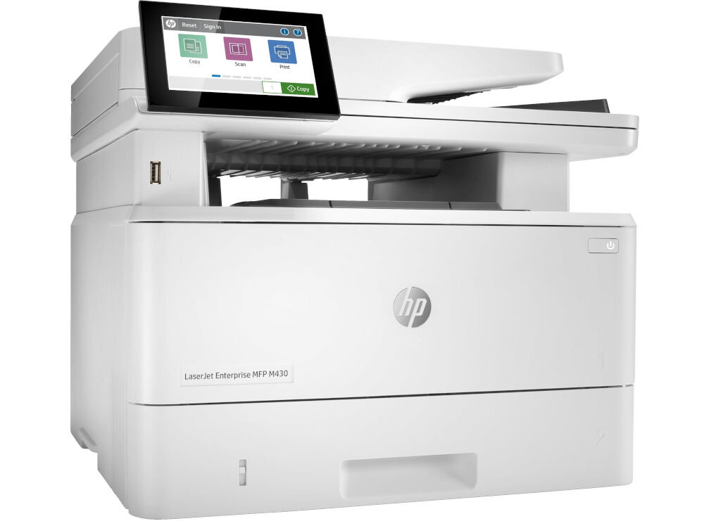 Urządzenie wielofunkcyjne HP LaserJet Enterprise MFP M430f z wyświetlaczem dotykowym i logo HP na obudowie. Na ekranie widoczne są opcje: Copy, Scan, Print.