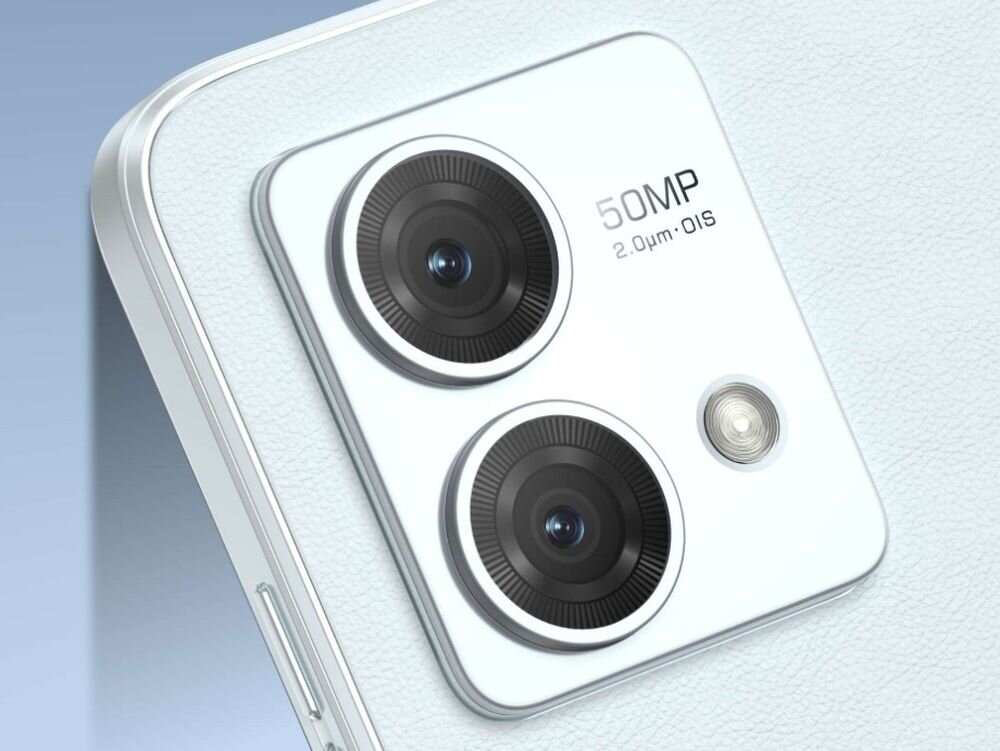 Zbliżenie na tylną część smartfona z dwoma dużymi obiektywami aparatu i napisem \'50MP 2.0μm OIS\'. Obok obiektywów znajduje się mała dioda LED.