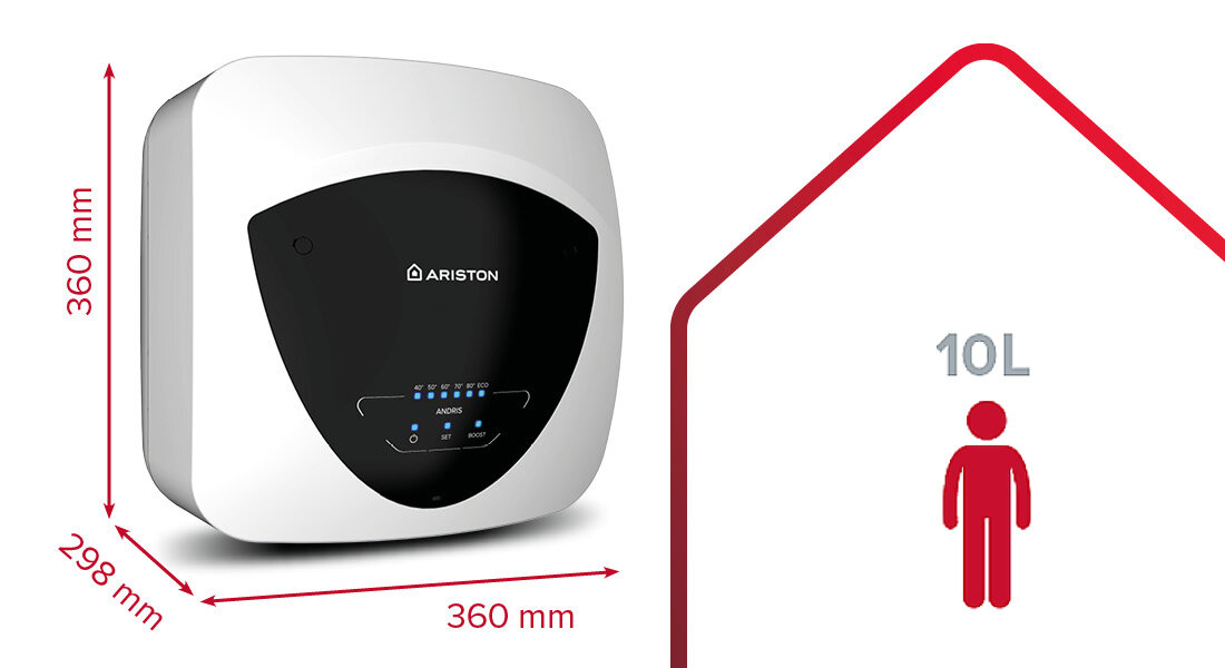 Obraz przedstawia bojler elektryczny z logo Ariston, z wymiarami 360 mm x 360 mm x 298 mm. Obok znajduje się ikona postaci z napisem \'10L\'.