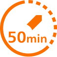 Ikona w kształcie zegara z pomarańczowym obramowaniem i wskazówką, z napisem \'50 min\'.