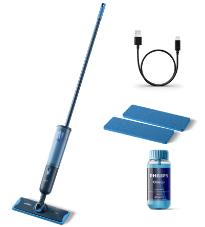 Na obrazie widoczny jest niebieski mop elektryczny z długim uchwytem, dwa wymienne pady, kabel USB oraz butelka z płynem oznaczona jako PHILIPS OneUp. Produkt jest bezprzewodowy i przeznaczony do szybkiego mopowania.