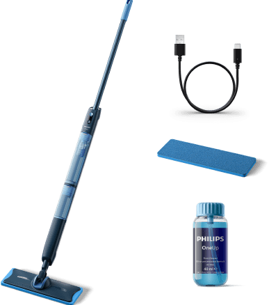 Na obrazie znajduje się elektryczny mop w kolorze niebieskim z długim uchwytem, obok którego widoczny jest kabel USB, wymienny pad oraz butelka z płynem oznaczona napisem \'PHILIPS OneUp\'.