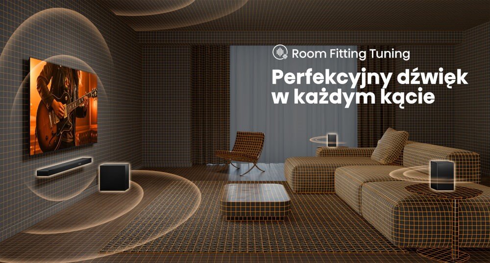 Pokój z nowoczesnym systemem audio, w tym soundbarem i głośnikami, z wizualizacją dźwięku rozchodzącego się po pomieszczeniu. Na ścianie wisi telewizor, a obok znajduje się napis \'Room Fitting Tuning Perfekcyjny dźwięk w każdym kącie\'.