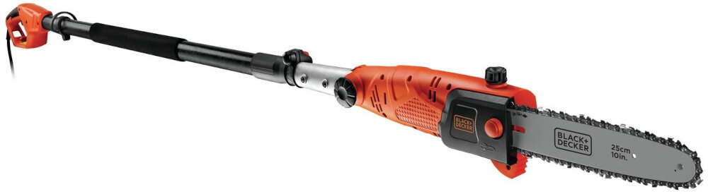 Na obrazie widoczna jest elektryczna piła na wysięgniku w kolorze pomarańczowym z logo BLACK+DECKER na ostrzu. Ostrze ma długość 25 cm i oznaczenie 10 in.