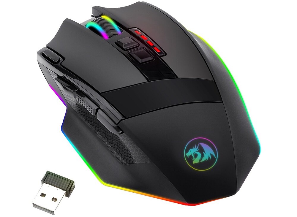 Czarna mysz komputerowa z podświetleniem RGB i logo smoka na powierzchni. Obok znajduje się mały odbiornik USB.