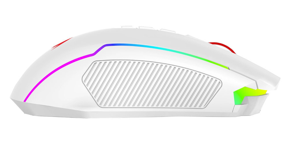 Biała mysz komputerowa z kolorowym podświetleniem RGB i teksturowanym uchwytem bocznym.