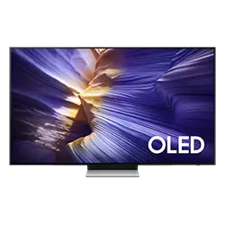 Telewizor z wyświetlaczem OLED, na ekranie widoczna abstrakcyjna grafika w odcieniach fioletu i złota. Na ekranie znajduje się napis \'OLED\'.