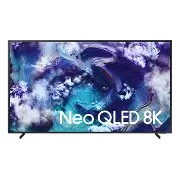 qe85qn900ftxxh Telewizor z wyświetlaczem pokazującym abstrakcyjny obraz w odcieniach niebieskiego i białego z napisem \'Neo QLED 8K\'.