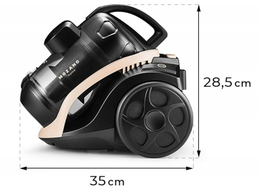Odkurzacz MOZANO Smart Cyclonic 4000 w kolorze beżowym z czarnymi elementami, o wymiarach 35 cm długości i 28,5 cm wysokości. Widoczne duże koła i uchwyt, na obudowie napis \'MOZANO\'.