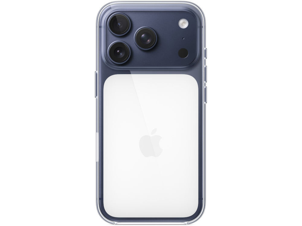 Przezroczyste etui na telefon z widocznym logo Apple na tylnej części. Etui posiada wycięcia na trzy obiektywy aparatu i dodatkowe elementy.