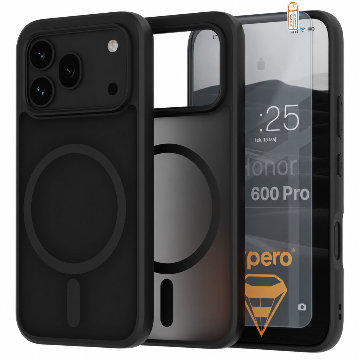 Obraz przedstawia czarne etui na telefon z trzema otworami na aparaty i okrągłym wzorem na tylnej części. Na ekranie telefonu widoczny jest tekst: \'Honor 600 Pro\' oraz logo \'xpero\'.