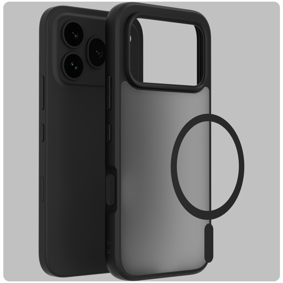 Obraz przedstawia dwa czarne etui na telefon z trzema otworami na aparaty fotograficzne. Jedno z etui ma przezroczysty tył z widocznym okręgiem, sugerującym kompatybilność z MagSafe.