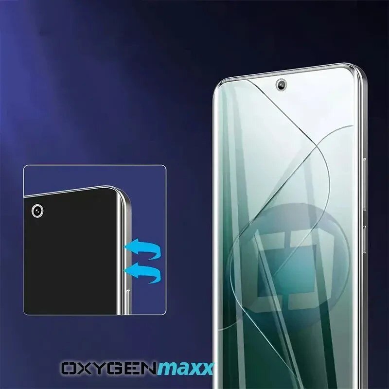 Obraz przedstawia telefon z nałożoną folią ochronną na ekranie, z widocznym napisem \'OXYGEN maxx\' na dole. W lewym górnym rogu znajduje się mała grafika pokazująca proces nakładania folii na tylną część telefonu.