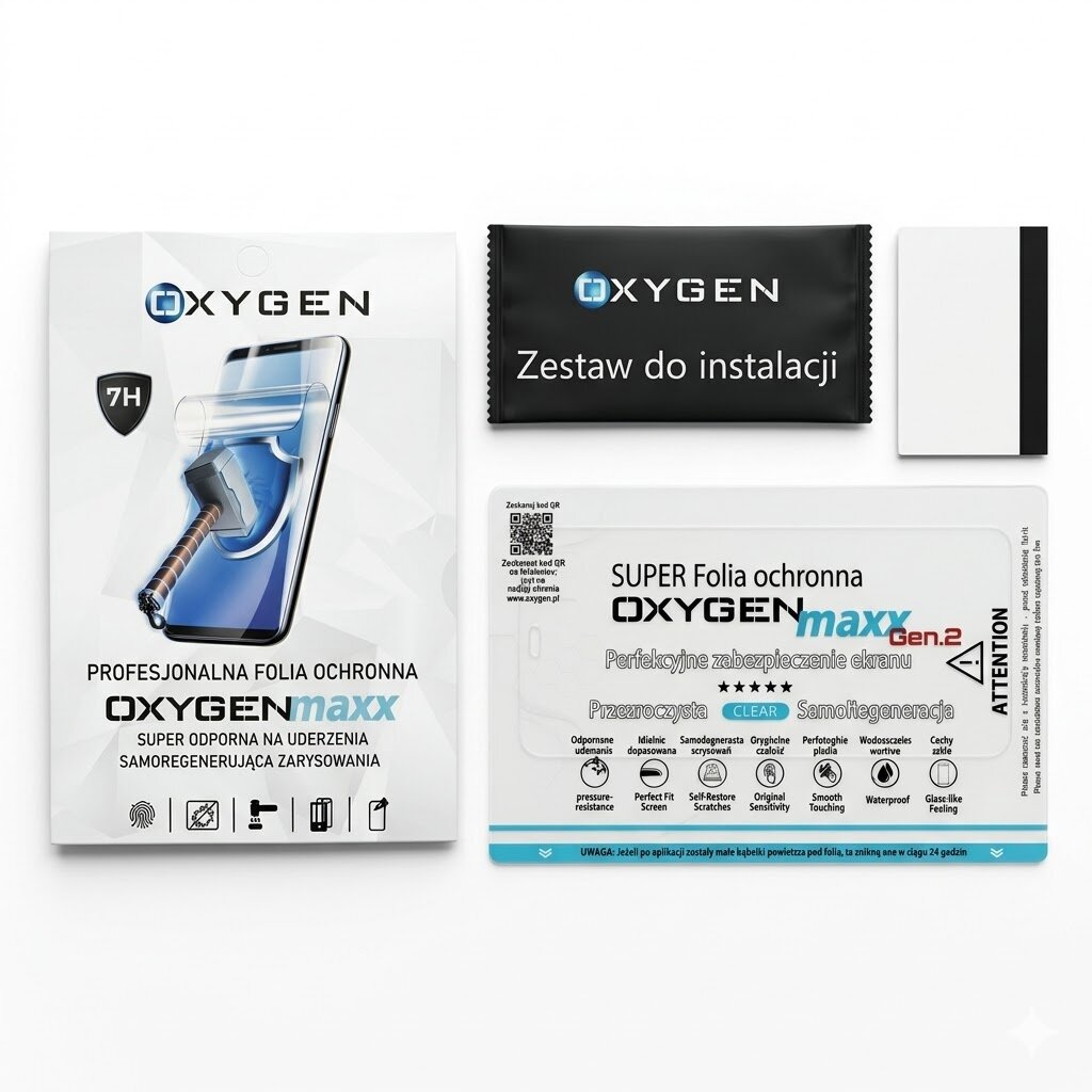 Na obrazie widoczna jest profesjonalna folia ochronna OXYGENmaxx z napisem \'SUPER odporna na uderzenia, samoregenerująca zarysowania\'. Obok znajduje się zestaw do instalacji z logo OXYGEN oraz karta z informacjami o produkcie, w tym \'SUPER Folia ochronna OXYGENmaxx Gen.2\'.