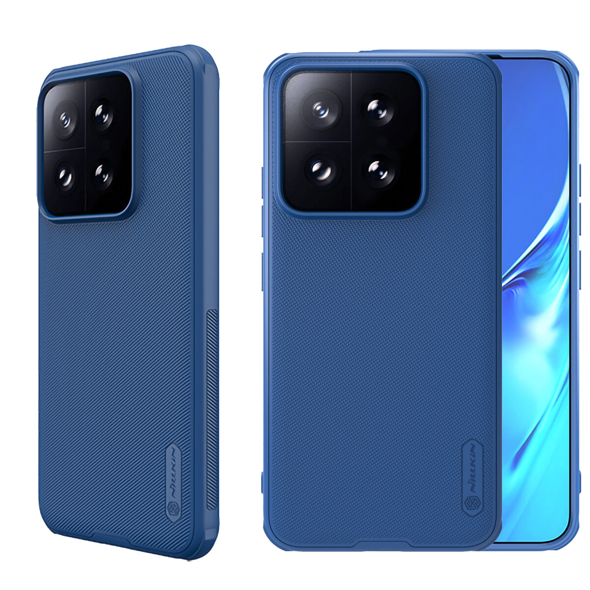Na obrazie widoczne są dwa niebieskie etui na telefon z teksturą, z dużym wycięciem na aparat. Na etui znajduje się logo \'Nillkin\'.